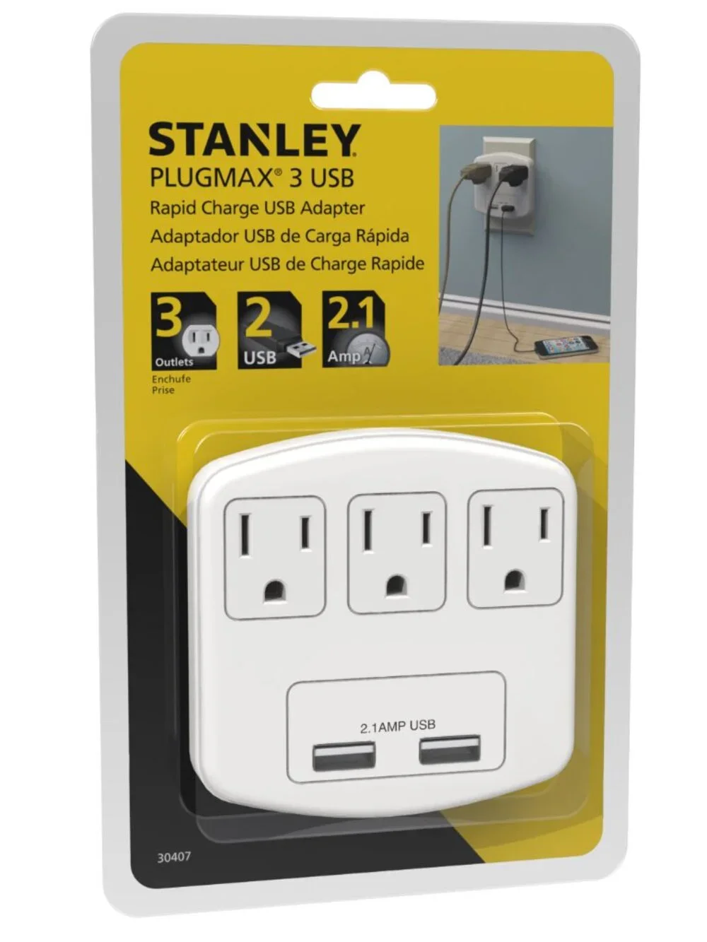 3 Outlet Power Extender With 2 USB Charger Port Wall Adapter Tap